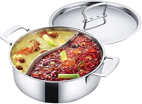 XDAWQP Shabu Aus Edelstahl, Doppelseitiger Yin-Yang-Hot Pot Mit Trennwand, Doppelseitiges Suppenkochgeschirr, Doppelseitiger Suppentopf Mit Deckel Für InduktionskochfeSilver-30Cm von XDAWQP