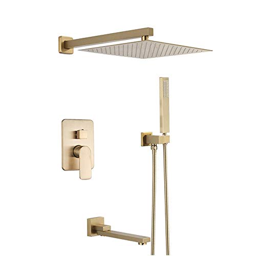 XDAWQP Wasserhahn-Badewannen-Duschsysteme, Gebürstetes Gold-Duschset, Badezimmer-Regenduschensystem, Eingebettete Box, An Der Wand Montierte Duschmischbatterie, Duschh，10 Inch von XDAWQP
