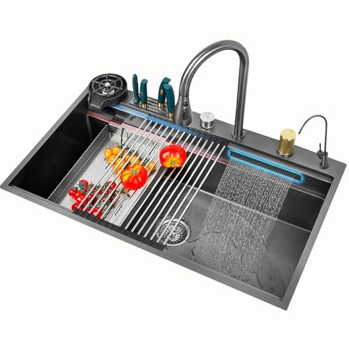 Versteckte Wasserfall-Küchenspüle 86/100 * 52cm Großes Fassungsvermögen Spüle Einschalen-Edelstahlspüle mit Messerhalterung (Pistolengrau(1),100 * 52 * 24cm) von XDCXYD