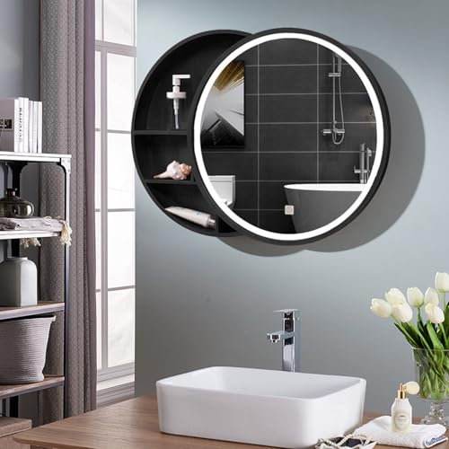 XDCXYD Beleuchteter Runder Spiegelschrank Badezimmerspiegel-Aufbewahrungsschrank Für Badezimmer Schlafzimmer, Wohnzimmer(Schwarz,70cm) von XDCXYD