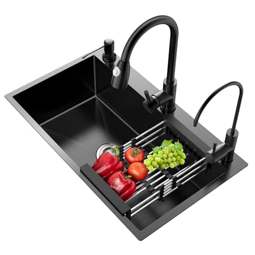 XDCXYD Dreiloch-Küchenspüle Edelstahl-Küchenspüle Hausbar-Spüle mit ausziehbarem Wasserhahn und diversem Zubehör (75 * 45 * 20cm) von XDCXYD