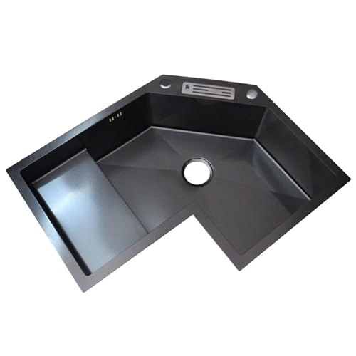 XDCXYD Großes Eckspülbecken Mit Einzelbecken Und Ausziehbarem Wasserhahn, Abflussgarnitur Handgefertigtes Spülbecken Aus Edelstahl(Black Gray1) von XDCXYD