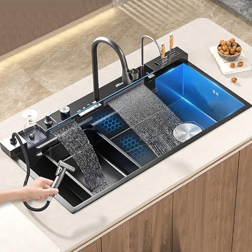 XDCXYD Küchenspüle Mit Großem Fassungsvermögen Und Integriertem Wasserhahn 100 X 50 Cm Edelstahlspüle Mit Digitalanzeige Werkzeughalter(Gun Grey) von XDCXYD