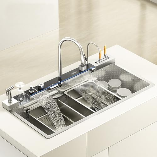 XDCXYD Küchenspüle Mit Großem Fassungsvermögen Und Integriertem Wasserhahn 100 X 50 Cm Edelstahlspüle Mit Digitalanzeige Werkzeughalter(Sliver) von XDCXYD