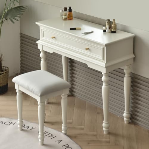 XDCXYD Schminktisch Frisiertisch Und Stuhl Für Mädchen Und Frauen Mit Schubladen Und Gepolstertem Hocker Für Kleine Wohnungen(Warm White) von XDCXYD