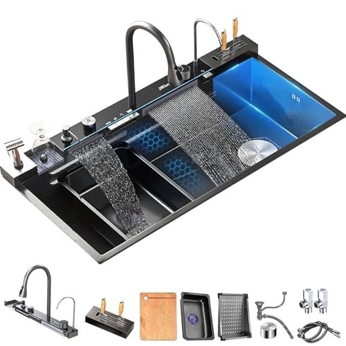 XDCXYD Silber/schwarz Küchenspüle Mit Integriertem Wasserhahn Großes Fassungsvermögen 100 * 50 Cm Edelstahlspüle Mit Messerhalter(Gun Grey) von XDCXYD