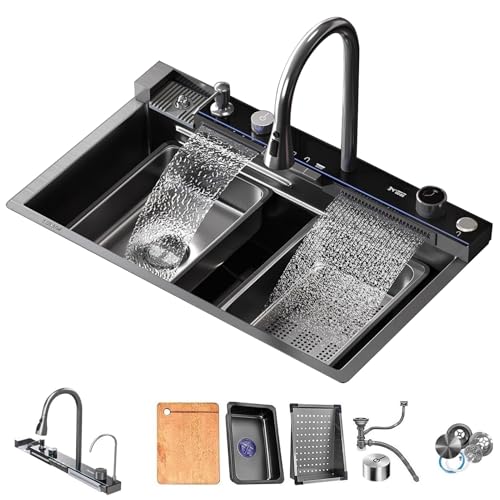 XDCXYD Smart Kitchen Sink Edelstahl Einzelbecken Digitalanzeige Spüle Home Wash Gemüsebecken Mit Zwei Wasserfällen(75 * 46cm) von XDCXYD