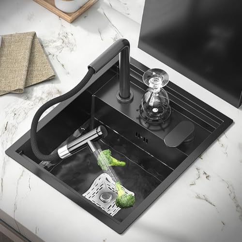XDCXYD Verdeckte Küchenspüle mit klappbarem Wasserhahn, verdeckte Edelstahlspüle, Unterbauspüle, für kleine Küche, RV-Vorbereitungsstange, Schwarz C, 38 x 45 x 22 cm von XDCXYD