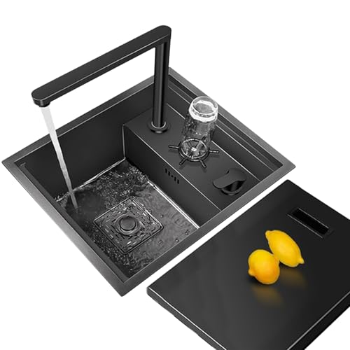 XDCXYD Versteckte Cove-Bar-Spüle Mit Tassenspüler Eine Vielzahl Von Wasserhähnen Erhältlich Edelstahl-Einzelbecken-Mini-Spüle Für Balkon, Wohnmobil(Black Gray,45 * 50cm) von XDCXYD