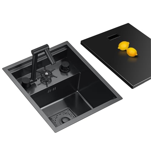 XDCXYD Versteckte Cove-Bar-Spüle Mit Tassenspüler Eine Vielzahl Von Wasserhähnen Erhältlich Edelstahl-Einzelbecken-Mini-Spüle Für Balkon, Wohnmobil(Black Gray1,45 * 50cm) von XDCXYD