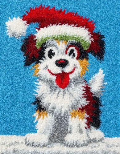 Kreatives Knüpfen für Familien: Latch Hook Rug Kit mit Vorlage,DIY Teppich Selbst Machen Set inkl. Wolle & Werkzeug,als Geschenk für Kinder und Erwachsene,Welpe trägt eine Weihnachtsmütze-90x120cm von XDEGHUANGSS