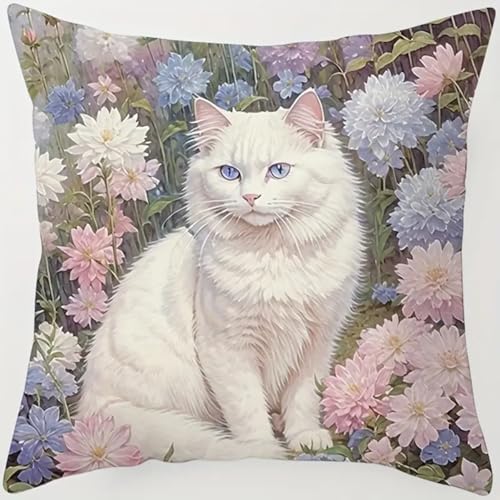 XDEGHUANGSS Entspannendes DIY Knüpfkissen Set für Erwachsene,Blume weiße Katze,Latch Hook Kissen Kit 43x43 cm mit Kissenhülle & Garn,Kreatives Handarbeitsset zum Selbermachen & Stressabbau von XDEGHUANGSS