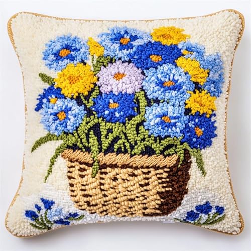 XDEGHUANGSS knüpfteppiche & knüpfkissen Knüpfteppich Zum Selber Knüpf-Sets mit Kissen knüpfen-Set 43x43cm Latch Hook Kit für Erwachsene anfänger,Blumenkorb von XDEGHUANGSS