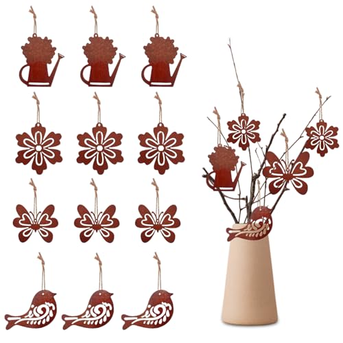 12 Stück Vintage Garten Deko Hängedeko Holz Blume Vogel Dekorationen zum Aufhängen für Zimmer, Im Freien, Garten von XDGBGFN