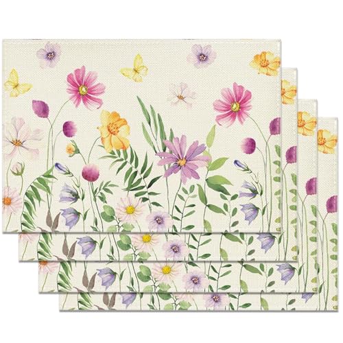 4 Stück Blumen Schmetterling Frühling Platzsets Sommer Küche Tisch Dekoration Flachs Platzsets Drinnen Urlaub Party Dekor 30x45cm (Rosa) von XDGBGFN