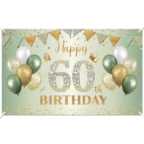 60.Geburtstagsbanner Elegant Grün-Gold Geburtstag Deko Geburtstagshintergrundtuch für Frauen, Männer, Jubiläum, Geburtstagsfeier (60, 180 * 110cm) von XDGBGFN