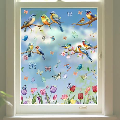 9 Blatt Fensterbilder Frühling Fenstersticker Selbstklebend Blumen Wiese Vögel Schmetterlinge Fensteraufkleber für Glastür Fensterdeko (blau) von XDGBGFN