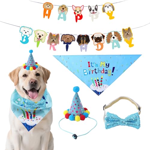 Hund Geburtstag Party Zubehör Happy Birthday Banner Geburtstagshüte Kopftücher Fliege Blau Geburtstagsparty Set für Hunde Katzen Hund Geburtstag Party Zubehör Happy Birthday Banner Geburtstagshüte Kopftücher Fliege Blau Geburtstagsparty Set für Hunde Katzen von XDGBGFN