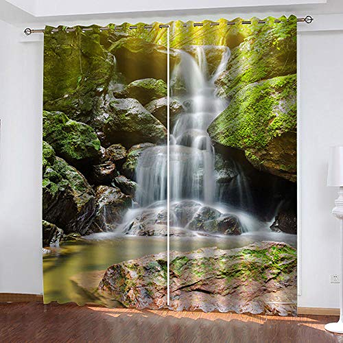 XDJQZX Gardinen Mit Ösen, Für Schlafzimmer Wohnzimmer Kinderzimmer Fensterdekoration, Vorhang Blickdicht 3D Felsen-Wasserfall-Landschaft Muster 200X160 cm 2Er Set Thermo Verdunklungsvorhänge von XDJQZX