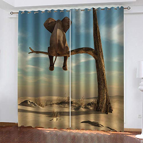 XDJQZX Gardinen Mit Ösen, Für Schlafzimmer Wohnzimmer Kinderzimmer Fensterdekoration, Vorhang Blickdicht 3D Wüstentier Elefant Muster 140X160 cm 2Er Set Thermo Verdunklungsvorhänge von XDJQZX