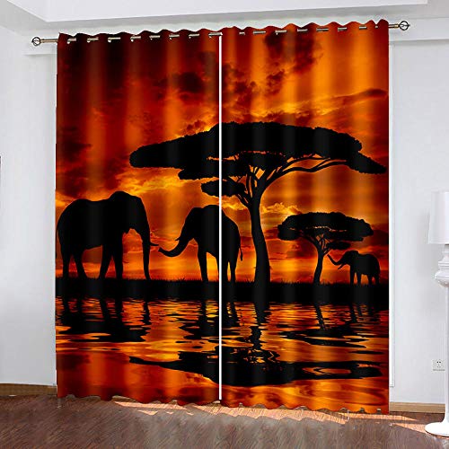 XDJQZX Schlafzimmer Vorhang Verdunkelung 280X260 cm 2Er Set 3D Sonnenuntergang Elefant Muster Gardinen Blickdicht Mit Ösen, Thermo Vorhänge Für Kinderzimmer Wohnzimmer Fensterdekoration von XDJQZX