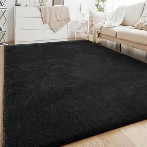 XDKS Flauschiger Badezimmerteppich in Shaggy Optik, Waschbar Badematte Weich Flauschig Badteppich Shaggy Hochflor Mikrofaser Badvorleger (Black,122×183cm) von XDKS
