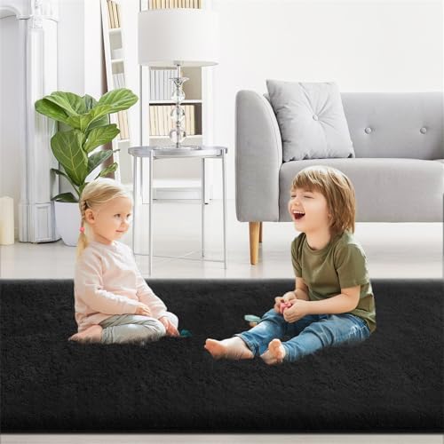 XDKS Flauschiger Badezimmerteppich in Shaggy Optik, Waschbar Badematte Weich Flauschig Badteppich Shaggy Hochflor Mikrofaser Badvorleger (Black,61×91cm) von XDKS