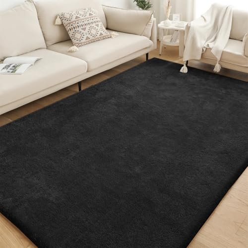 XDKS Flauschiger Badezimmerteppich in Shaggy Optik, Waschbar Badematte Weich Flauschig Badteppich Shaggy Hochflor Mikrofaser Badvorleger (Black,91×152cm) von XDKS