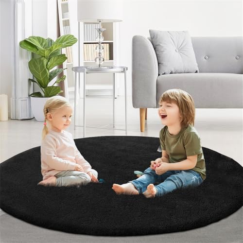XDKS Flauschiger Badezimmerteppich in Shaggy Optik, Waschbar Badematte Weich Flauschig Badteppich Shaggy Hochflor Mikrofaser Badvorleger (Black,Round 122cm) von XDKS