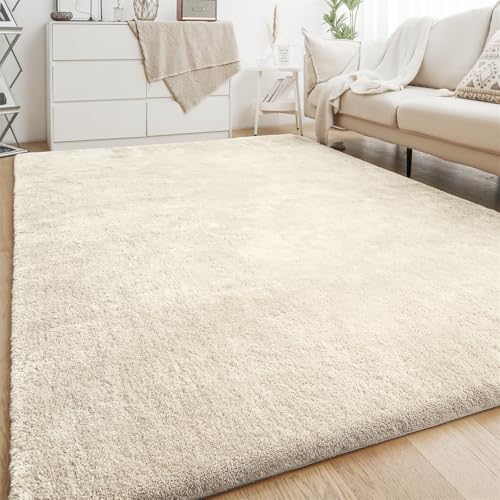 XDKS Flauschiger Badezimmerteppich in Shaggy Optik, Waschbar Badematte Weich Flauschig Badteppich Shaggy Hochflor Mikrofaser Badvorleger (Ivory,122×183cm) von XDKS