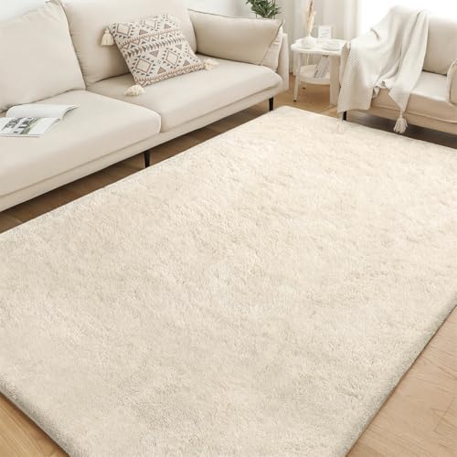 XDKS Flauschiger Badezimmerteppich in Shaggy Optik, Waschbar Badematte Weich Flauschig Badteppich Shaggy Hochflor Mikrofaser Badvorleger (Ivory,91×152cm) von XDKS