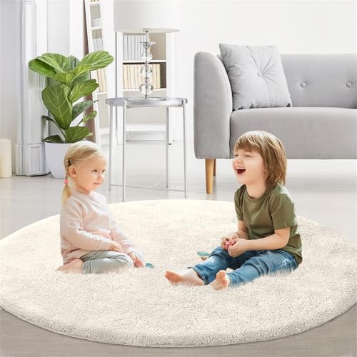 XDKS Flauschiger Badezimmerteppich in Shaggy Optik, Waschbar Badematte Weich Flauschig Badteppich Shaggy Hochflor Mikrofaser Badvorleger (Ivory,Round 122cm) von XDKS