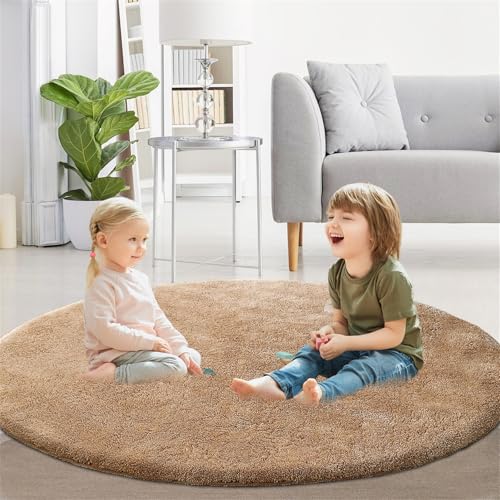 XDKS Flauschiger Badezimmerteppich in Shaggy Optik, Waschbar Badematte Weich Flauschig Badteppich Shaggy Hochflor Mikrofaser Badvorleger (Sand,Round 122cm) von XDKS
