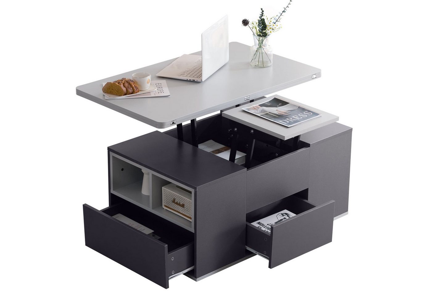 XDOVET Couchtisch Höhenverstellbarer Multifunktionstisch mit XXL-Stauraum (Sofa-Beistelltisch, 3 Schubl. 2 offene Fächer 1 Tür Stauraum mit Arbeitsfläche), Transformations-Tisch Freizeittisch Kaffetisch für Wohnzimmer von XDOVET