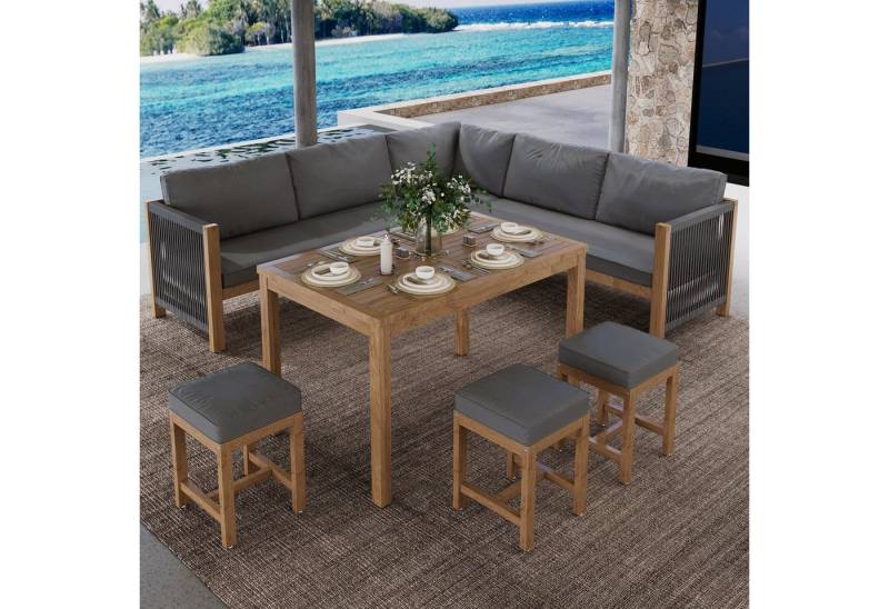 XDOVET Gartenlounge-Set Garten-Essgruppe für 7-8 Personen Akazie Polyrattan Massivholzmöbel, (Gartenmöbel-Set, 7-tlg., 2 Doppelsofas 3 Hocker 1 Eckmodul 1 Tisch), Wetterfest Outdoor-Möbel Terrassenmöbel Balkonmöbel von XDOVET