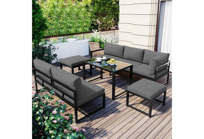 XDOVET Gartenlounge-Set Wetterfestes Gartenmöbel-Set mit Liegefunktion 4-fach verstellbarer, (7-Sitzer, 3-Sitzer-Bank, 1×2-Sitzer-Bank, 2 Hocker,1 Tisch), Aluminium Sitzgruppe für Gartenbalkon Garten-Loungesessel Balkonmöbel von XDOVET
