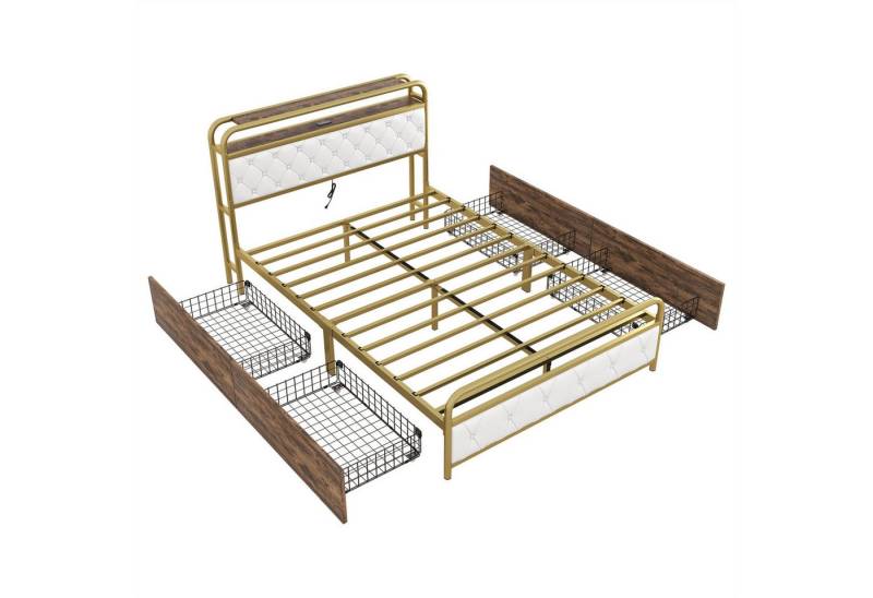 XDOVET Hausbett Flachbett,Eisenrahmenbett,Nachttischlampe,mit USB-Steckdose,mit, Drahtschubladen,Kopf- und Fußteil mit rautenförmigen Zuglaschen von XDOVET