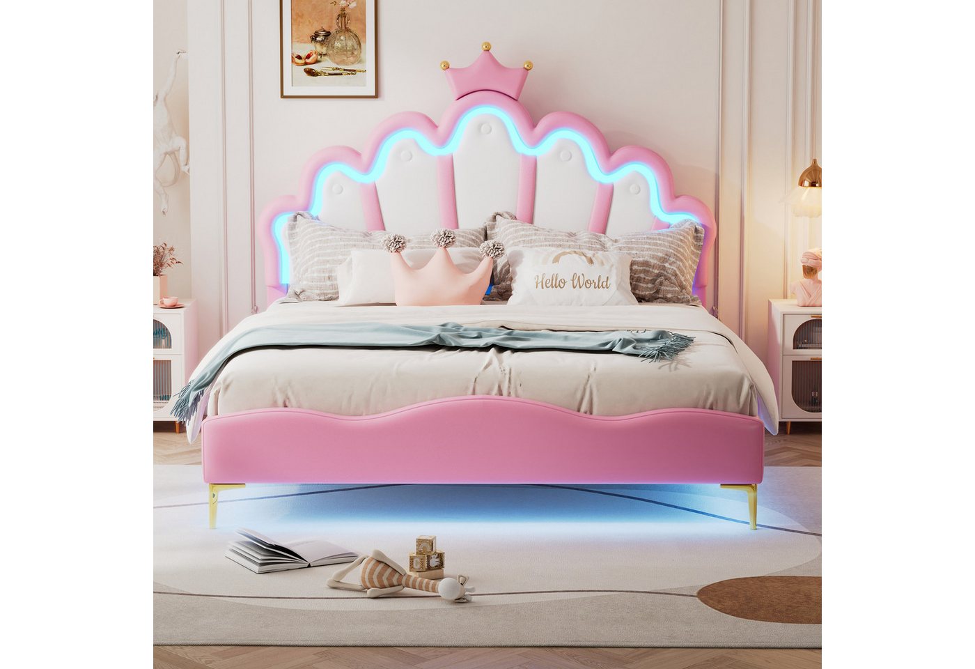 XDOVET Kinderbett 140*200cm Doppelbett, kronenförmiges Prinzessinnenbett, Polsterung aus PU-Leder, verstellbarer LED-Umlichtstreifen, Rosa von XDOVET