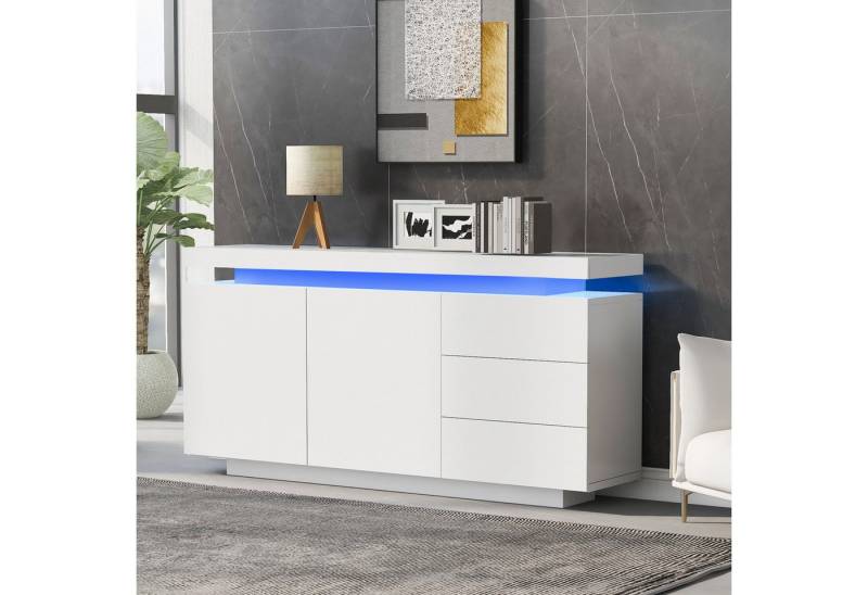 XDOVET Sideboard Highboard Anrichte mit 16 LED Licht Grifflose 2 Türen 3, Schubladen Hochglanz Schrank 140cm Sideboard Kommode von XDOVET