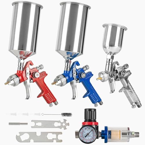 XDOVET lackierpistole Set – 3 HVLP Spritzpistolen (1.0mm, 1.4mm, 1.7mm), geeignet für Autolackierungen und DIY-Projekte, 1000 ml Becher, einfache Handhabung, inklusive Luftdruckregler und Zubehör von XDOVET