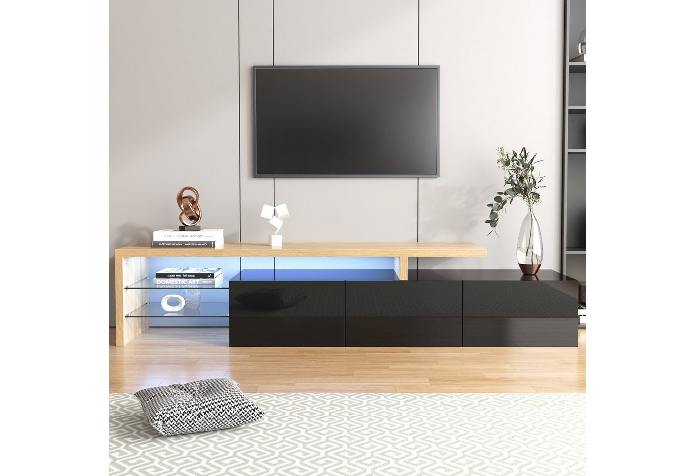 XDOVET TV-Schrank Hochglänzendes Lowboard mit 7 Farbe LED-Lichtstreifen Holzoptik Modernes Stilvolle Eleganz Praktischer Stauraum LED-Beleuchtung von XDOVET