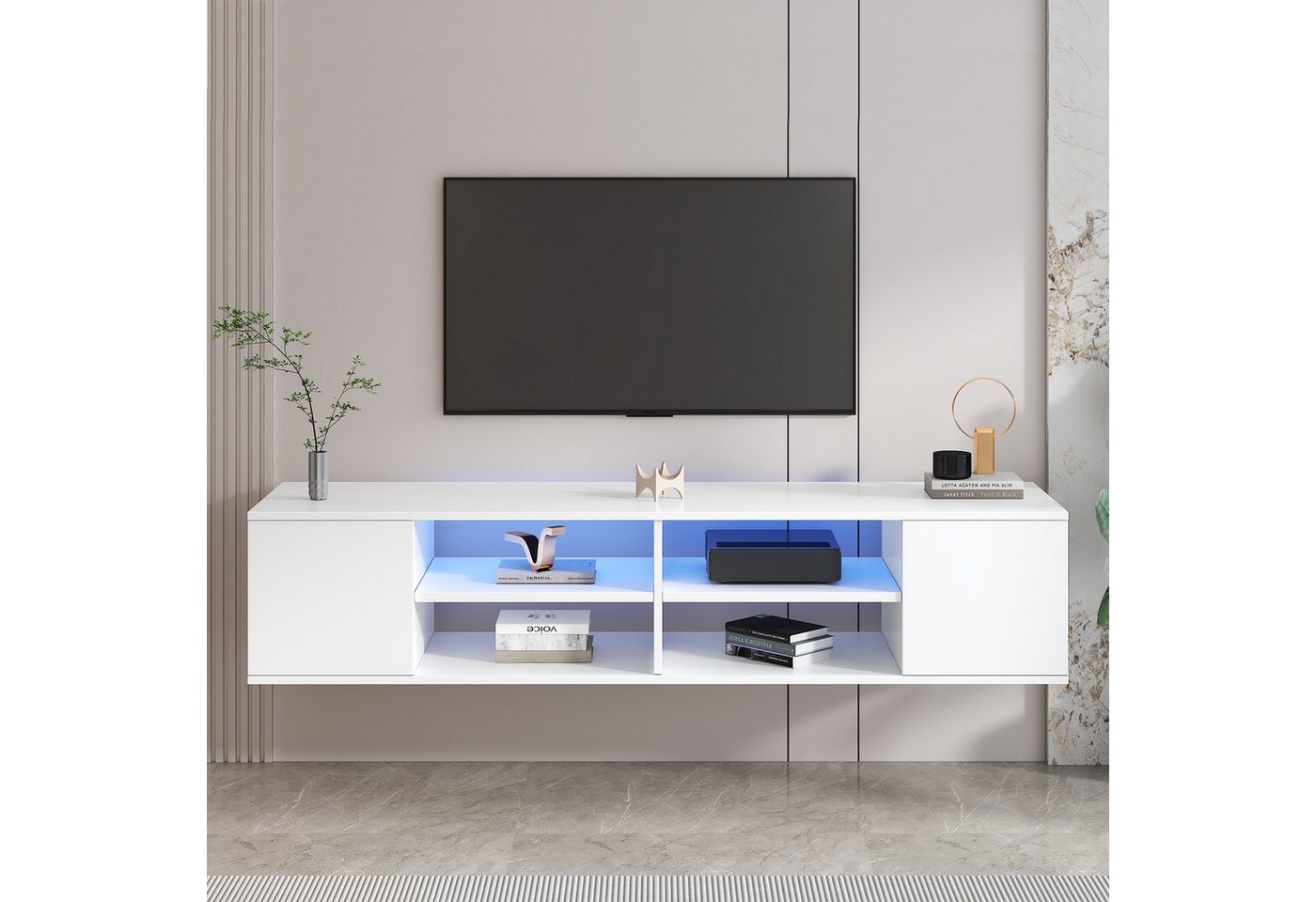 XDOVET TV-Schrank Vielseitiger 140cm Großer Weiß TV lowboard mit LED-Beleuchtung Stehend und Hängend mit Offene Ablagefächer an der Vorderseite von XDOVET