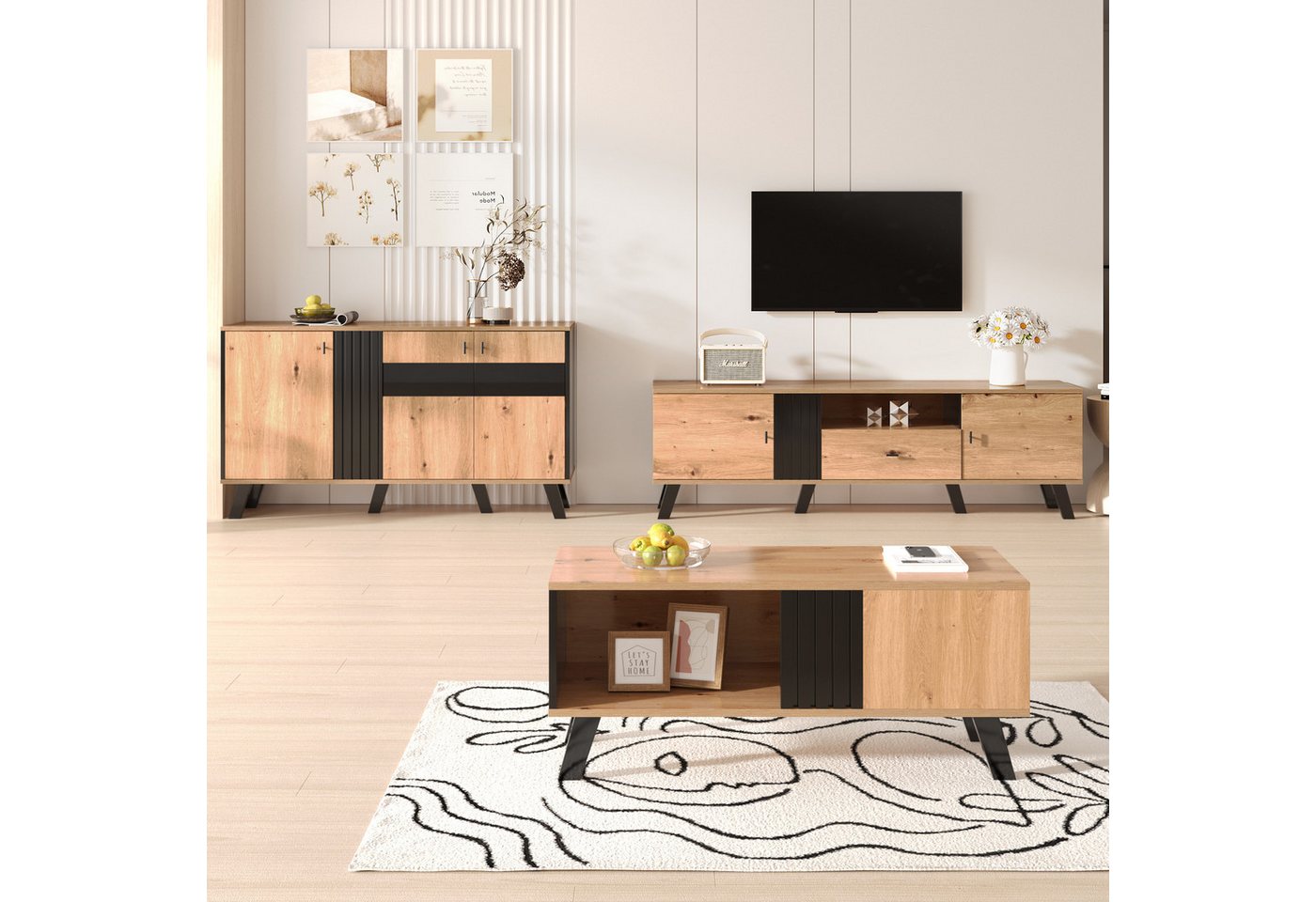 XDOVET Wohnzimmer-Set Wohnzimmer-Set:Vitrine mit LED-Leuchten,TV-Schrank,Couchtisch, Holz und Schwarz Wohnzimmer Stilvolles Klassisches Kombination von XDOVET