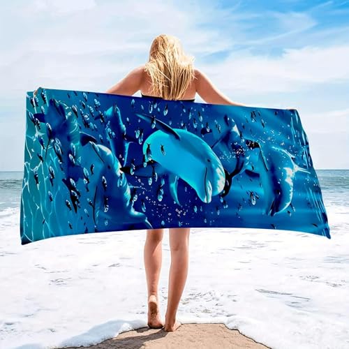 XDPBLM Extra großes Strandtuch – super saugfähig, leicht und schnelltrocknend mit lebendigem Delfin-Design – Sonnenschutz für den Strand 200x200cm/79 x79 von XDPBLM