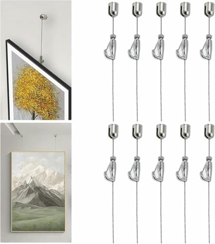 Bilderschienen-Aufhängesystem, 10 Stück, Kunstgalerie-Schienen zum Aufhängen an Wand/Decke, Bilderschienen-Formaufhänger, Heimausstellungs-Gemälde-Displaykette, silberner Halter von XDRGOOIUY