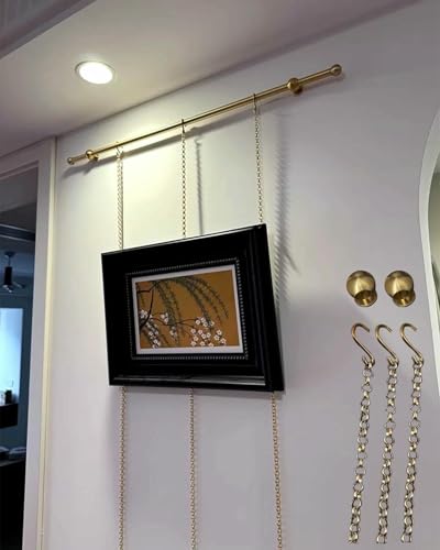 Robustes Bilderschienen-Aufhängesystem mit 3 Goldketten, Bilderhalterungs-Set für Galeriewände, Messingstange, Aufhängerschiene für Spiegel für Kunstwerke im Innenbereich für Museen von XDRGOOIUY