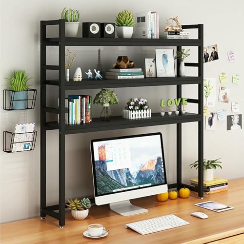 XDRGOOIUY 3-stufiger Schreibtisch-Bücherregal-Organizer – Schmiedeeisernes multifunktionales Schreibtischregal für Computer, Lagerregal im Industriestil in Schwarz + Teakholzfarbe von XDRGOOIUY