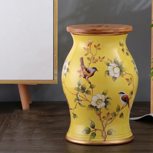 XDRGOOIUY Blumen- und Vogel-Trommelhocker aus Bambusholz und Keramik, dekorativer runder Beistelltisch aus Keramik, hohler Trommelhocker, für Wohnzimmer, Balkon, Garten von XDRGOOIUY
