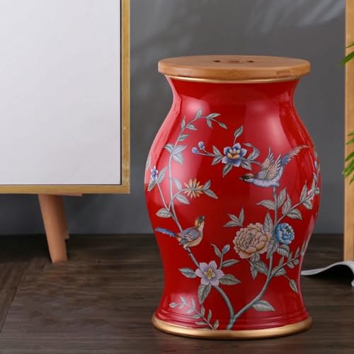 XDRGOOIUY Blumen- und Vogel-Trommelhocker aus Bambusholz und Keramik, dekorativer runder Beistelltisch aus Keramik, hohler Trommelhocker, für Wohnzimmer, Balkon, Garten von XDRGOOIUY