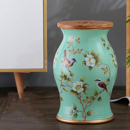 XDRGOOIUY Blumen- und Vogel-Trommelhocker aus Bambusholz und Keramik, dekorativer runder Beistelltisch aus Keramik, hohler Trommelhocker, für Wohnzimmer, Balkon, Garten von XDRGOOIUY